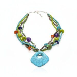 Multi-Strand Multicolor Beaded Pendant Necklace Colorful Blue Pendant